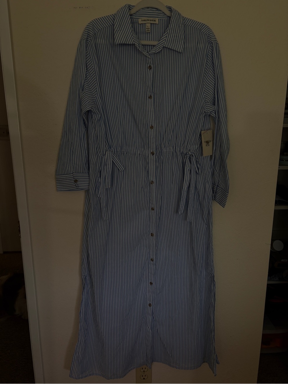 Harlow Blue and White Vertical-Stripe Button Midi Dress